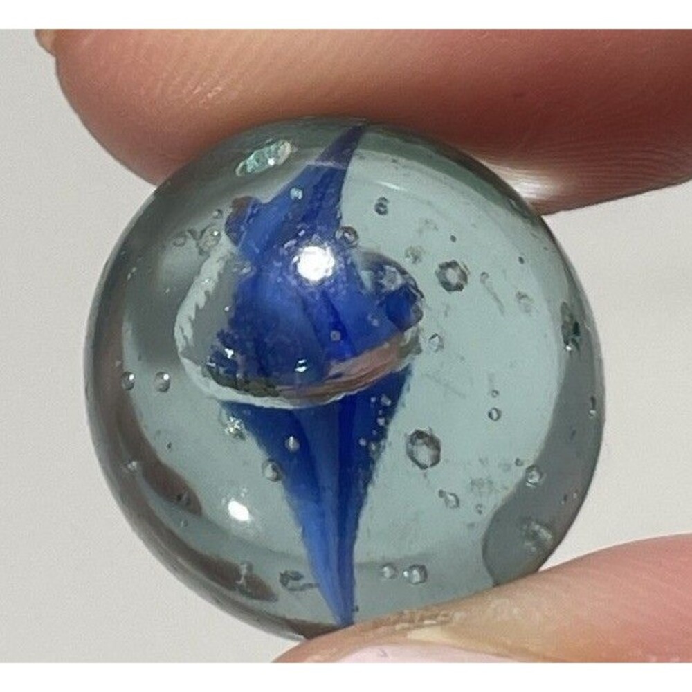 Vintage Clear Glass Marble Blue Ribbon Core Bubbles 5/8” Unique